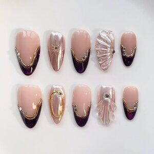 Aura Gold press on nails long almond nails/Chrome Nails/Starry purple nails